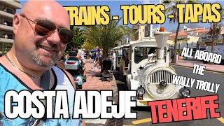 We take the WALLY TROLLY to COSTA ADEJE and give you a TOUR and eat TAPAS in Tenerife [upl. by Anahsal]