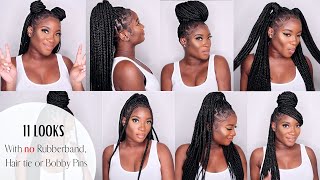 HOW TO  STYLE MEDIUM KNOTLESS BRAIDS WITH NO HAIR ACCESSORIES  Protective Styles [upl. by Rexanne]