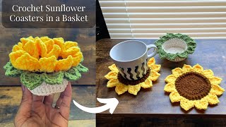 EASY Crochet Sunflower Coasters in a Basket  Crochet Sunflower Coasters [upl. by Assiron]