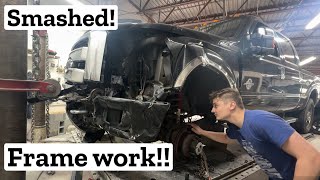 Rebuilding A Smashed Ford F350 Platinum Pulling the FRAME And Making It Look OEM [upl. by Aeuhsoj]