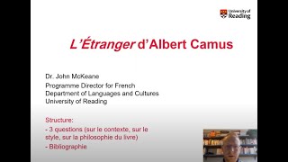 French L’Étranger d’Albert Camus  Dr John McKeane University of Reading [upl. by Leimaj779]