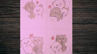 How to draw cute catCute cat couple love drawCute cat cartoon draw [upl. by Darryn374]