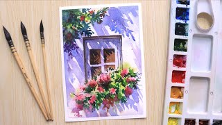 Watercolor painting for beginners beautiful flower tree and simple window [upl. by Giustina425]