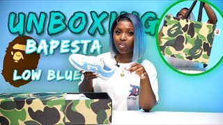 A BATHING APE BAPESTA LOW BLUE  UNBOXING ON FEET REVIEW [upl. by Dnomaj]