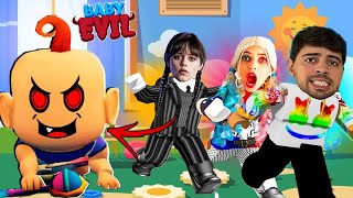 FUGIMOS DE UM BEBÊ GIGANTE no ROBLOX COM A WANDINHA Evil Baby [upl. by Nassah]