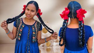 రెండు జడలు  Longhair twin braid with red colour ribbon  Most requested video with my MOM [upl. by Shelagh]