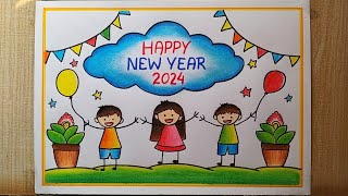 Happy New Year 2024 Drawing easy Beautiful 😍 New year Card DrawingHappy New year special Drawing [upl. by Alleynad]