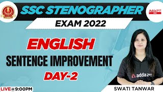 SSC Stenographer 2022  Steno English Classes  Sentence improvement Day 2 by Swati Tanwar [upl. by Rimidalg]