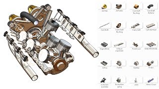 SolidWorks RE Tutorial 320  Car Engine complete video 2 turbo V6  advanced assembly [upl. by Clay]