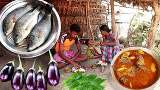 neem leaves with brinjal and mashala fish curry recipe cooking by santali tribe women [upl. by Semyaj]