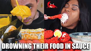 MUKBANGERS DROWNING THEIR FOOD IN SAUCE compilation [upl. by Sillig]