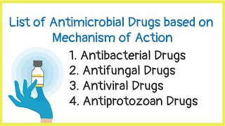 Antimicrobial drugsAntibacterialAntiviral AntifungalAntiprotozoan Based on mechanism of action [upl. by Nylasej411]