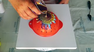 749 Reversed Colander Acrylic pour  Beginners technique  Starburst flower fluid painting [upl. by Atniuqal]