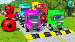 Double Flatbed Trailer Truck vs Speedbumps Train vs Cars  Tractor vs Train BeamngDrive 052 [upl. by Zzabahs]