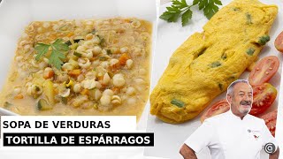 Sopa de verduras con pasta  Tortilla de espárragos y gambas  Karlos Arguiñano [upl. by Deny]