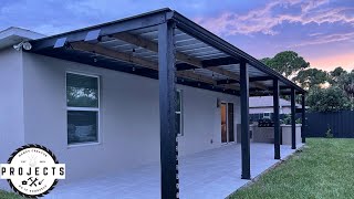 FINALLY INSTALLING A ROOF ON OUR DIY ATTACHED MODERN PERGOLA  HOW TO INSTALL METAL ROOF [upl. by Morrell224]