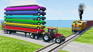 Double Flatbed Trailer Truck vs Speedbumps Train vs Cars  Tractor vs Train BeamngDrive 050 [upl. by Bois]