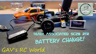 Team Associated SC28 RTR  Battery change with success New larger LiPo and new connector [upl. by Eonak708]