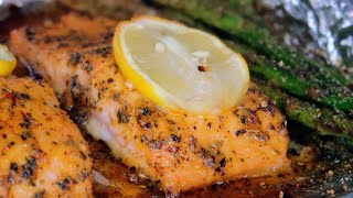 One Pan EASY Salmon And Vegetable Bake in Honey Garlic Sauce [upl. by Aibat]