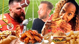 Brits Try Real Superbowl Snacks For The First Time In The USA [upl. by Einnos]