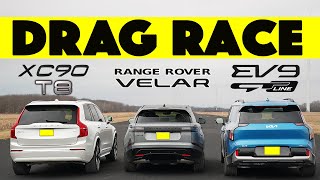 2024 Kia EV9 vs Volvo XC90 T8 vs Range Rover Velar Over in 13 Seconds Drag and Roll Race [upl. by Atinuaj]