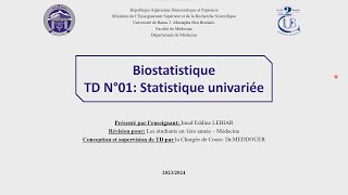 TD 01 Biostatistique  1er Année Médecine 20232024  Prof I Lebiar [upl. by Seavir61]