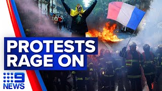 Molotov cocktails hit French police as furious protest rages on in France  9 News Australia [upl. by Jessi]