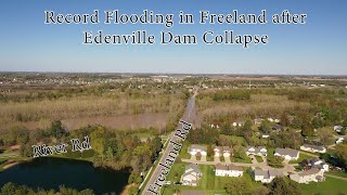 4K Record Flooding of the Tittabawassee River in Freeland Aerial after Edenville Dam Collapse [upl. by Kynan817]