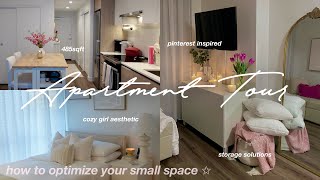 FURNISHED APARTMENT TOUR 485sqft 🎀🪞 how to decorate amp organize small space pinterest inspired [upl. by Lubbi177]