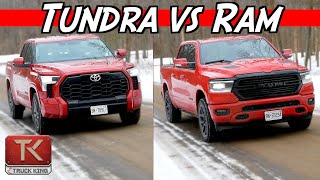 Toyota Tundra vs Ram 1500  V8 or TwinTurbo V6 We Compare Power amp MPG On a Long Drive [upl. by Rett]