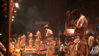 Ritualistic bell ringing creating an auspicious sound at Ganga Aarti in Varanasi [upl. by Nonnaer993]