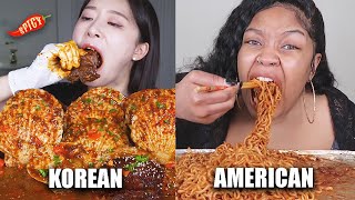 KOREAN VS AMERICAN spicy mukbangs [upl. by Petit]