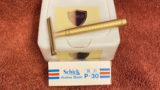 SHIELD AC Brass Razor Single edge perfection Artist club blades Proraso  Osage rub Schick p30 [upl. by Milah]