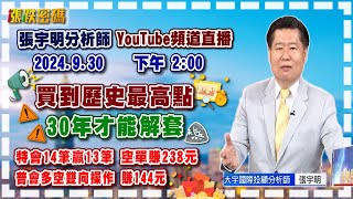 2024930 張宇明台股解盤 買到歷史最高點，30年才能解套。特會14筆贏13筆 空單賺238元。普會多空雙向操作 賺144元 【張宇明分析師】 [upl. by Brey]