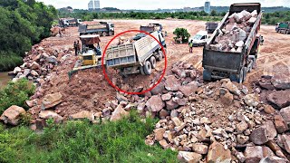 Recovery a Truck Fail Loading With Komatsu Bulldozer Pushing Stones Filling Make More Space [upl. by Raval130]