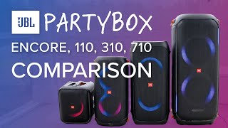 JBL PartyBox Speaker SHOWDOWN 💥 Encore Essential VS PartyBox 110 VS PartyBox 310 VS PartyBox 710 [upl. by Artenek]