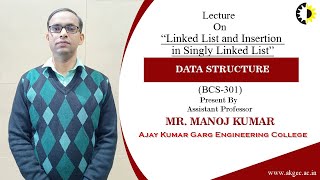 Linked List and Insertion in Singly Linked List Data Structure Lecture 02 By Mr Manoj Kumar AK [upl. by Akiv202]