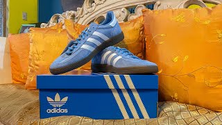 adidas handball spezial shoes in light blue  cloud white  gum [upl. by Gomer295]