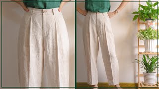 DIY High Waisted Pleated Baggy Pants  Linen Baggy Trousers [upl. by Hildegarde47]