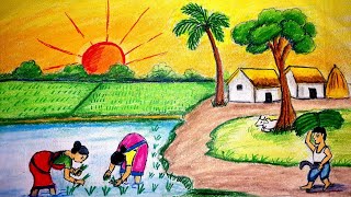 How to draw scenery of farmers working in the field cultivation scenery very easy steps easy draw [upl. by Aicekat]