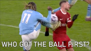 Who won the ball first Liverpool Vs Manchester City Jeremy Doku challenge on Alexis McAllister [upl. by Schach]