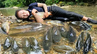 Harvest giant fish  How to throw a cast net caught many fish in the stream  Ly Thi Tam [upl. by Nylkcaj]