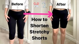 How to shorten stretchy leggings to shorts Shortening trousers sewing tutorial diy Anita Benko [upl. by Airal930]