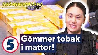 Resenärer försöker smuggla flera kilo tobak gömda i mattor  Gränsbevakarna Sverige  Kanal 5 [upl. by Lemart76]