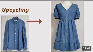 Recycling denim shirt in to Frock  hello sewing  subscribe  stitching  design  frock [upl. by Barny]