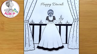 Beautiful Diwali Drawing Easy Diwali Festival Scenery Drawing Easy For Beginners [upl. by Herring]