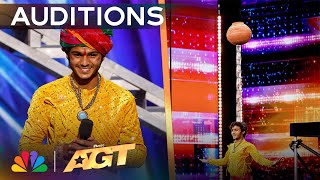 Praveen Prajapat DEFIES GRAVITY By Balancing Objects On His Head  Auditions  AGT 2024 [upl. by Ferdinanda]