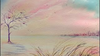 Blushing Dawn  How To Paint a Beautiful Dawn Sky with Misty Clouds Trees and Birds in Watercolour [upl. by Gerdy]