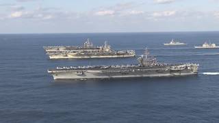 US Navy Three Carrier Formation in Western Pacific Ocean [upl. by Brian]