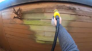 Cuprinol Ducksback being sprayed on a shed  thinned down 2 paint 1 water with Wagner fence sprayer [upl. by Yhtir]